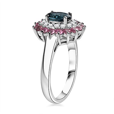 Premium Monte Belo Indicolite and Multi Gemstone 1.85 ctw Sunburst Ring in Rhodium Over Sterling Silver (Size 10.0)
