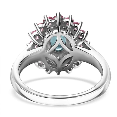 Premium Monte Belo Indicolite and Multi Gemstone 1.85 ctw Sunburst Ring in Rhodium Over Sterling Silver (Size 10.0)
