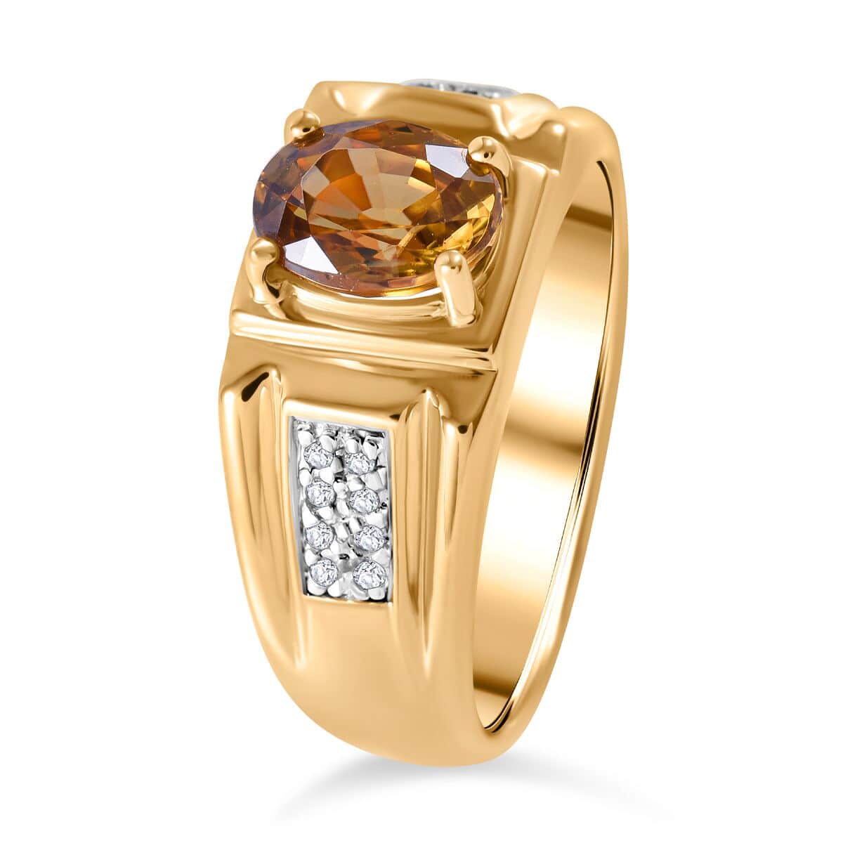 Tanzanian Yellow Zircon and White Zircon Men's Ring in Vermeil Yellow Gold Over Sterling Silver (Size 10.0) 2.15 ctw image number 2
