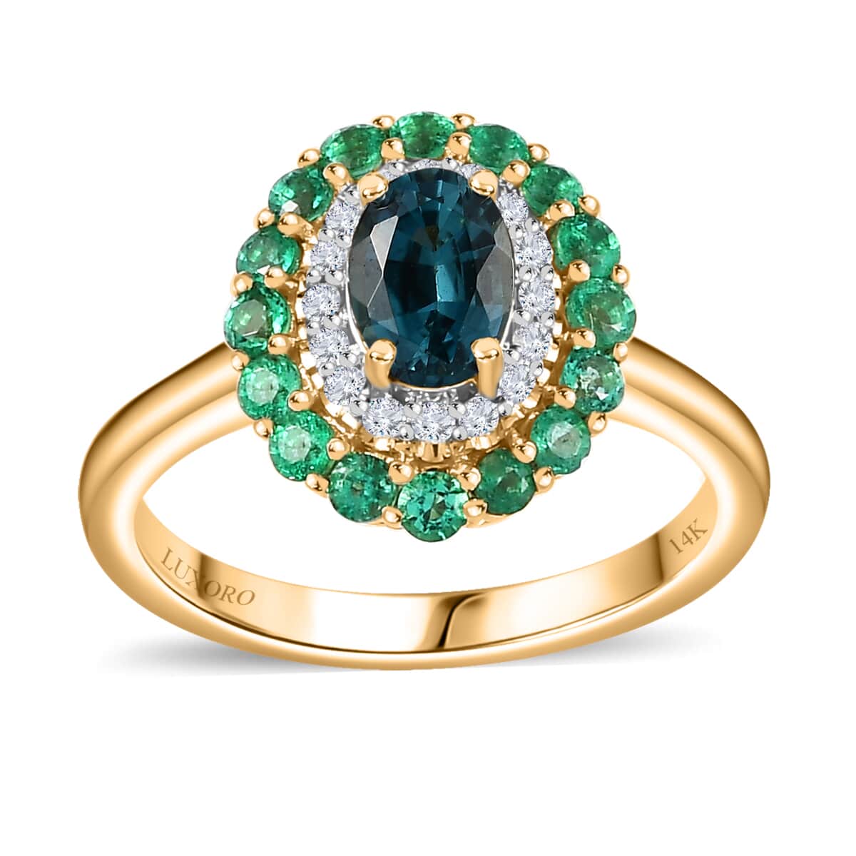 Luxoro AAA Monte Belo Indicolite, Boyaca Colombian Emerald and G-H I2 Diamond 1.52 ctw Floral Ring in 14K Yellow Gold (Size 6.0) 4 Grams image number 0