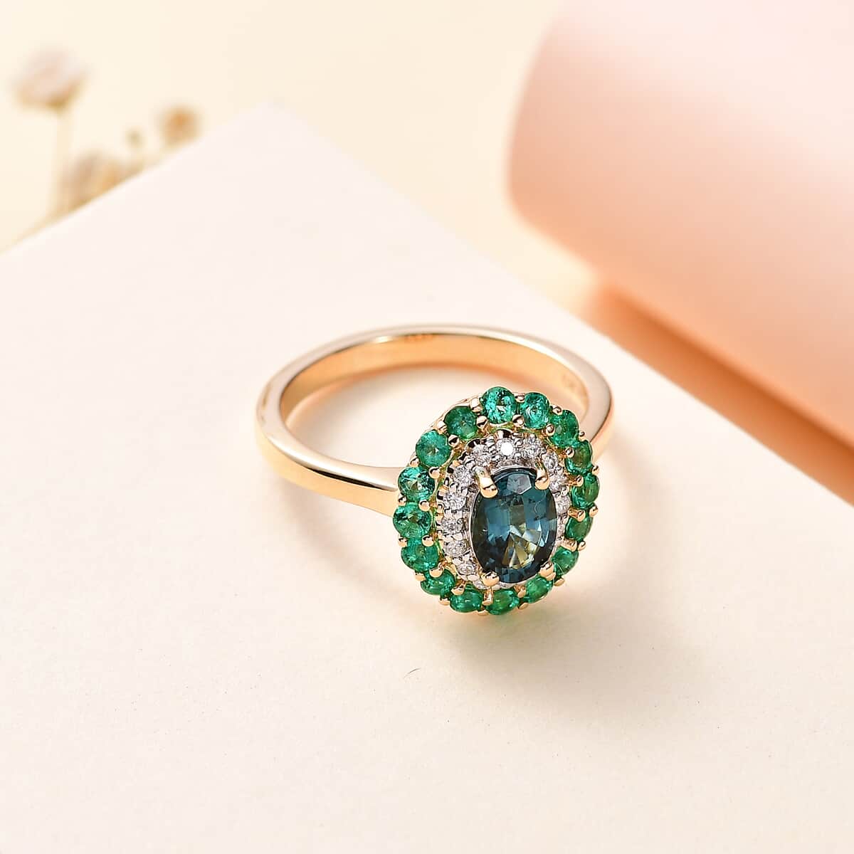 Luxoro AAA Monte Belo Indicolite, Boyaca Colombian Emerald and G-H I2 Diamond 1.52 ctw Floral Ring in 14K Yellow Gold (Size 6.0) 4 Grams image number 1