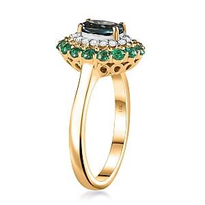 Luxoro AAA Monte Belo Indicolite, Boyaca Colombian Emerald and G-H I2 Diamond 1.52 ctw Floral Ring in 14K Yellow Gold (Size 6.0) 4 Grams