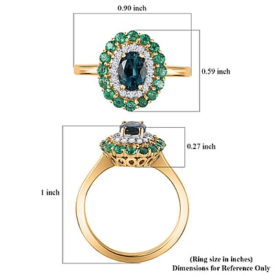Luxoro AAA Monte Belo Indicolite, Boyaca Colombian Emerald and G-H I2 Diamond 1.52 ctw Floral Ring in 14K Yellow Gold (Size 7.0) 4 Grams