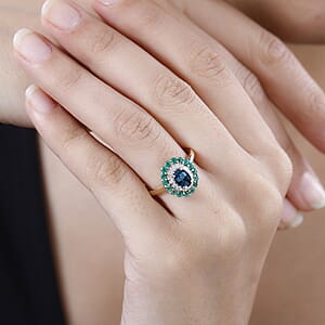 Luxoro AAA Monte Belo Indicolite, Boyaca Colombian Emerald and G-H I2 Diamond 1.52 ctw Floral Ring in 14K Yellow Gold (Size 9.0) 4 Grams