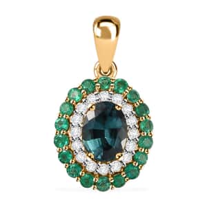 Certified & Appraised Luxoro 14K Yellow Gold AAA Monte Belo Indicolite, Boyaca Colombian Emerald and G-H I2 Diamond Floral Pendant 2.27 ctw