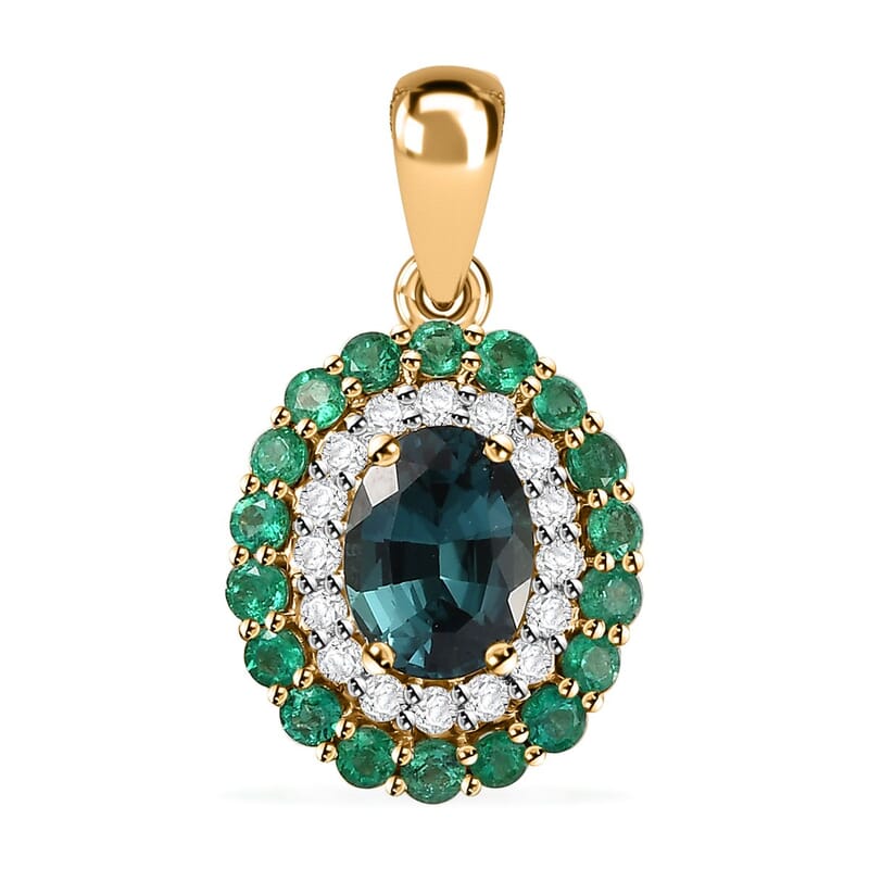 Certified & Appraised Luxoro 14K Yellow Gold AAA Monte Belo Indicolite, Boyaca Colombian Emerald and G-H I2 Diamond Floral Pendant without Chain 2.27 ctw