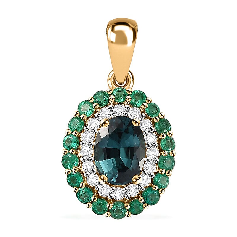 Certified & Appraised Luxoro 14K Yellow Gold AAA Monte Belo Indicolite, Boyaca Colombian Emerald and G-H I2 Diamond Floral Pendant without Chain 2.27 ctw