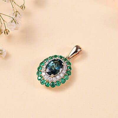 Certified & Appraised Luxoro 14K Yellow Gold AAA Monte Belo Indicolite, Boyaca Colombian Emerald and G-H I2 Diamond Floral Pendant without Chain 2.27 ctw