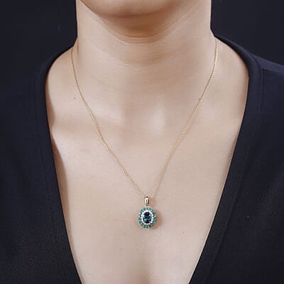 Certified & Appraised Luxoro 14K Yellow Gold AAA Monte Belo Indicolite, Boyaca Colombian Emerald and G-H I2 Diamond Floral Pendant without Chain 2.27 ctw