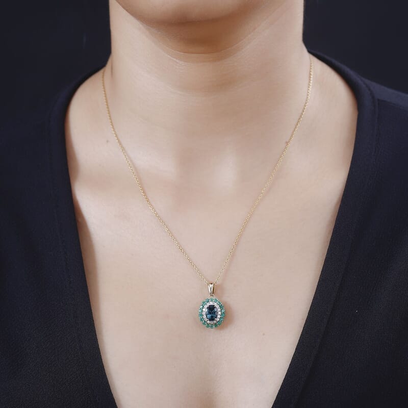 Certified & Appraised Luxoro 14K Yellow Gold AAA Monte Belo Indicolite, Boyaca Colombian Emerald and G-H I2 Diamond Floral Pendant without Chain 2.27 ctw