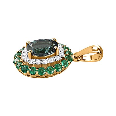 Certified & Appraised Luxoro 14K Yellow Gold AAA Monte Belo Indicolite, Boyaca Colombian Emerald and G-H I2 Diamond Floral Pendant without Chain 2.27 ctw