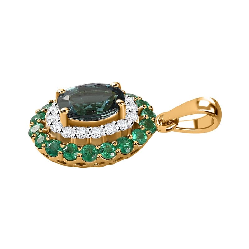 Certified & Appraised Luxoro 14K Yellow Gold AAA Monte Belo Indicolite, Boyaca Colombian Emerald and G-H I2 Diamond Floral Pendant without Chain 2.27 ctw