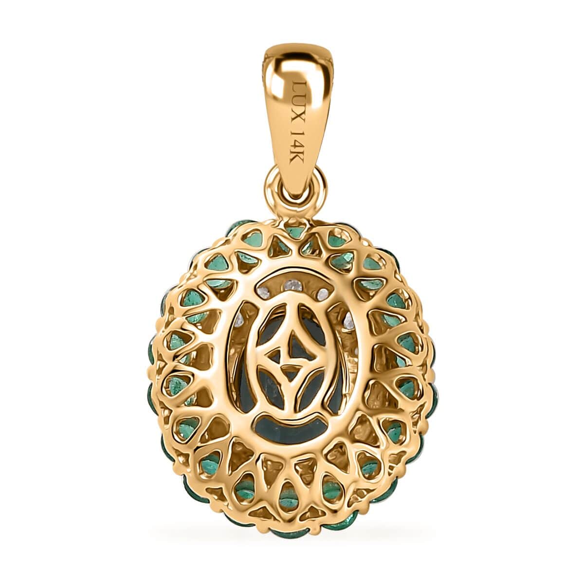 Certified & Appraised Luxoro 14K Yellow Gold AAA Monte Belo Indicolite, Boyaca Colombian Emerald and G-H I2 Diamond Floral Pendant 2.27 ctw image number 4