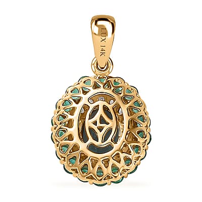 Certified & Appraised Luxoro 14K Yellow Gold AAA Monte Belo Indicolite, Boyaca Colombian Emerald and G-H I2 Diamond Floral Pendant without Chain 2.27 ctw