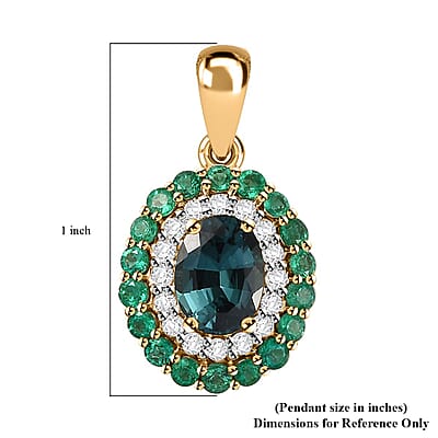 Certified & Appraised Luxoro 14K Yellow Gold AAA Monte Belo Indicolite, Boyaca Colombian Emerald and G-H I2 Diamond Floral Pendant without Chain 2.27 ctw