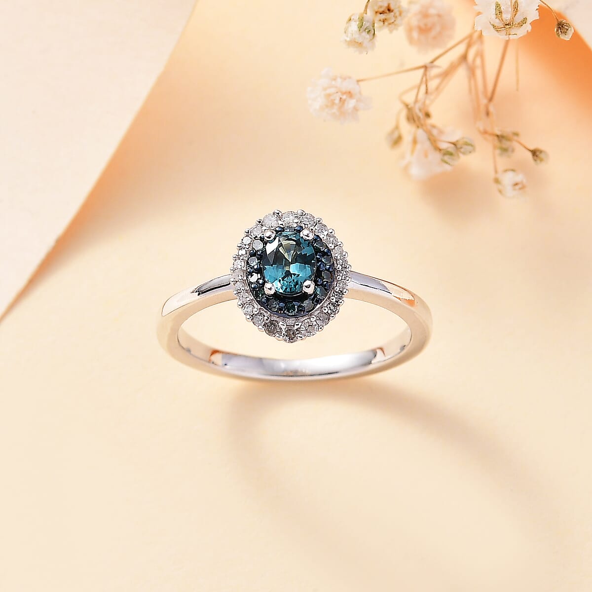 Premium Monte Belo Indicolite, Blue Diamond (IR), Diamond (0.25 cts) Double Halo Ring in Rhodium Over Sterling Silver (Size 10.0) 0.60 ctw image number 1
