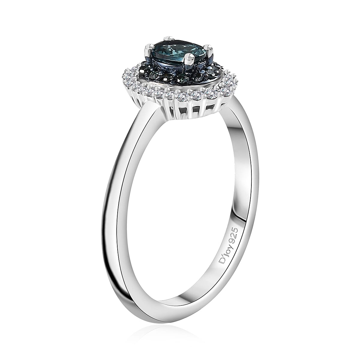 Premium Monte Belo Indicolite, Blue Diamond (IR), Diamond (0.25 cts) Double Halo Ring in Rhodium Over Sterling Silver (Size 10.0) 0.60 ctw image number 3