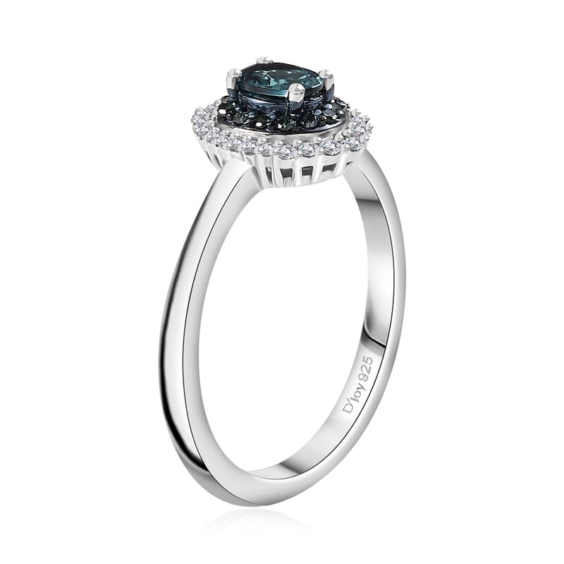 Premium Monte Belo Indicolite, Blue and White Diamond 0.60 ctw Oceanic Radiance Ring in Rhodium Over Sterling Silver (Size 10.0)