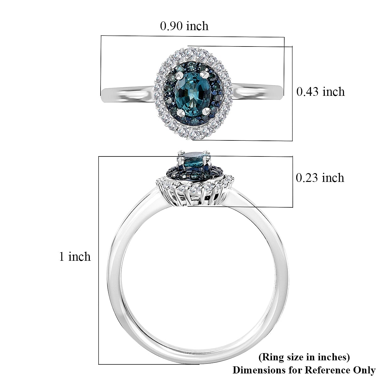 Premium Monte Belo Indicolite, Blue Diamond (IR), Diamond (0.25 cts) Double Halo Ring in Rhodium Over Sterling Silver (Size 10.0) 0.60 ctw image number 5
