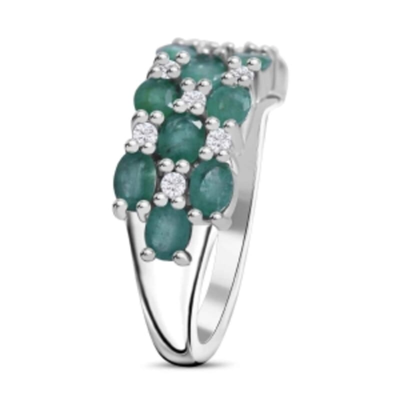 Zambian Emerald and White Zircon 2.21 ctw Ring in Rhodium Over Sterling Silver (Size 8.0)