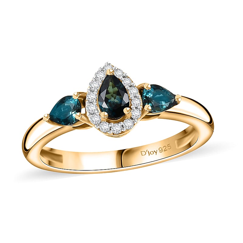 Premium Monte Belo Indicolite and Moissanite 0.65 ctw Halo Ring in 18K Vermeil Yellow Gold Over Sterling Silver (Size 6.0)