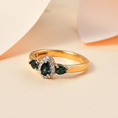 Premium Monte Belo Indicolite and Moissanite 0.65 ctw Halo Ring in 18K Vermeil Yellow Gold Over Sterling Silver (Size 6.0)
