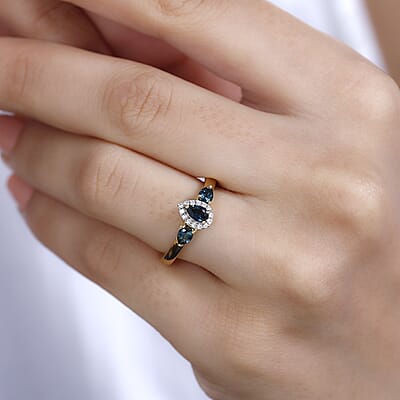 Premium Monte Belo Indicolite and Moissanite 0.65 ctw Halo Ring in 18K Vermeil Yellow Gold Over Sterling Silver (Size 6.0)