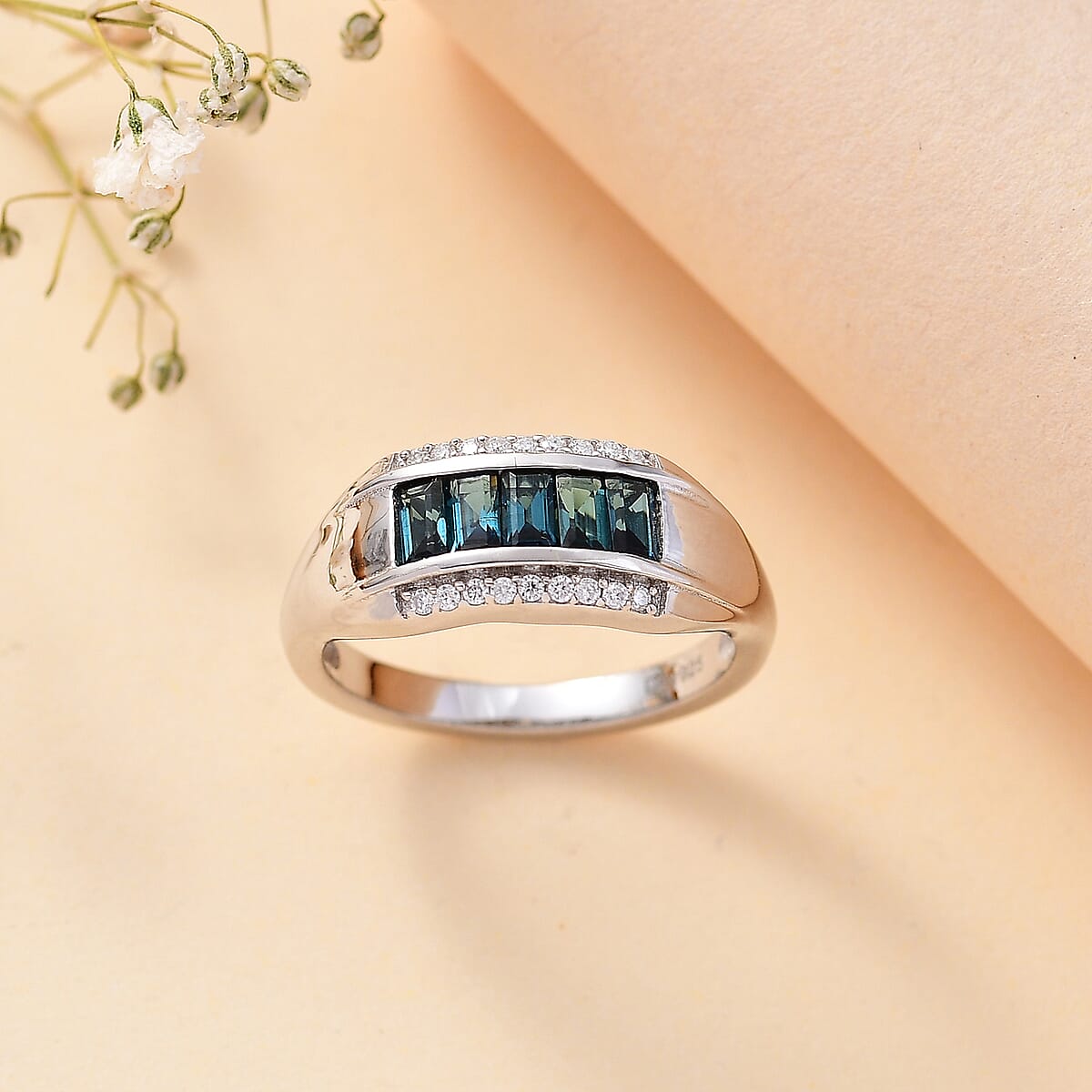 Premium Monte Belo Indicolite and Moissanite 0.80 ctw Ring in Rhodium Over Sterling Silver (Size 8.0) image number 1