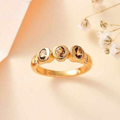 Natural Golden Tanzanite and White Zircon 0.55 ctw 3 Stone Ring in Vermeil Yellow Gold Over Sterling Silver (Size 6.5)