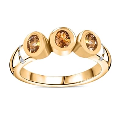 Natural Golden Tanzanite and White Zircon 0.55 ctw 3 Stone Ring in Vermeil Yellow Gold Over Sterling Silver (Size 6.5)