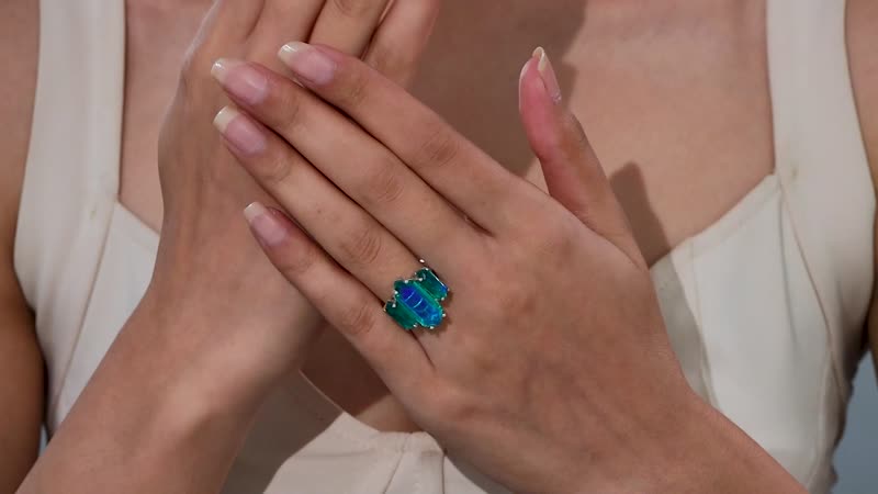 Peacock Quartz 3 Stone Ring in Rhodium Over Sterling Silver (Size 10.0) 11.30 ctw