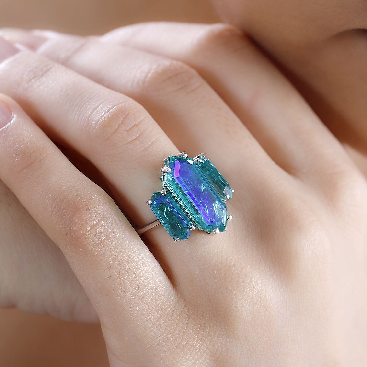 Buy Peacock Quartz 11.30 ctw 3 Stone Ring in Rhodium Over