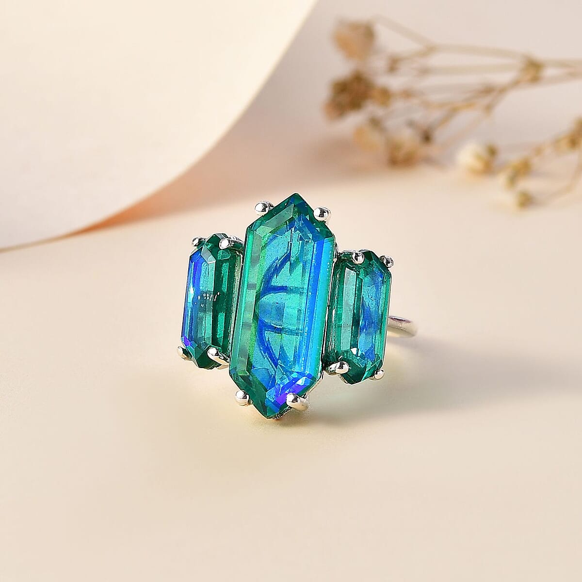 Peacock Quartz 11.30 ctw 3 Stone Ring in Rhodium Over Sterling Silver (Size 6.0) image number 1