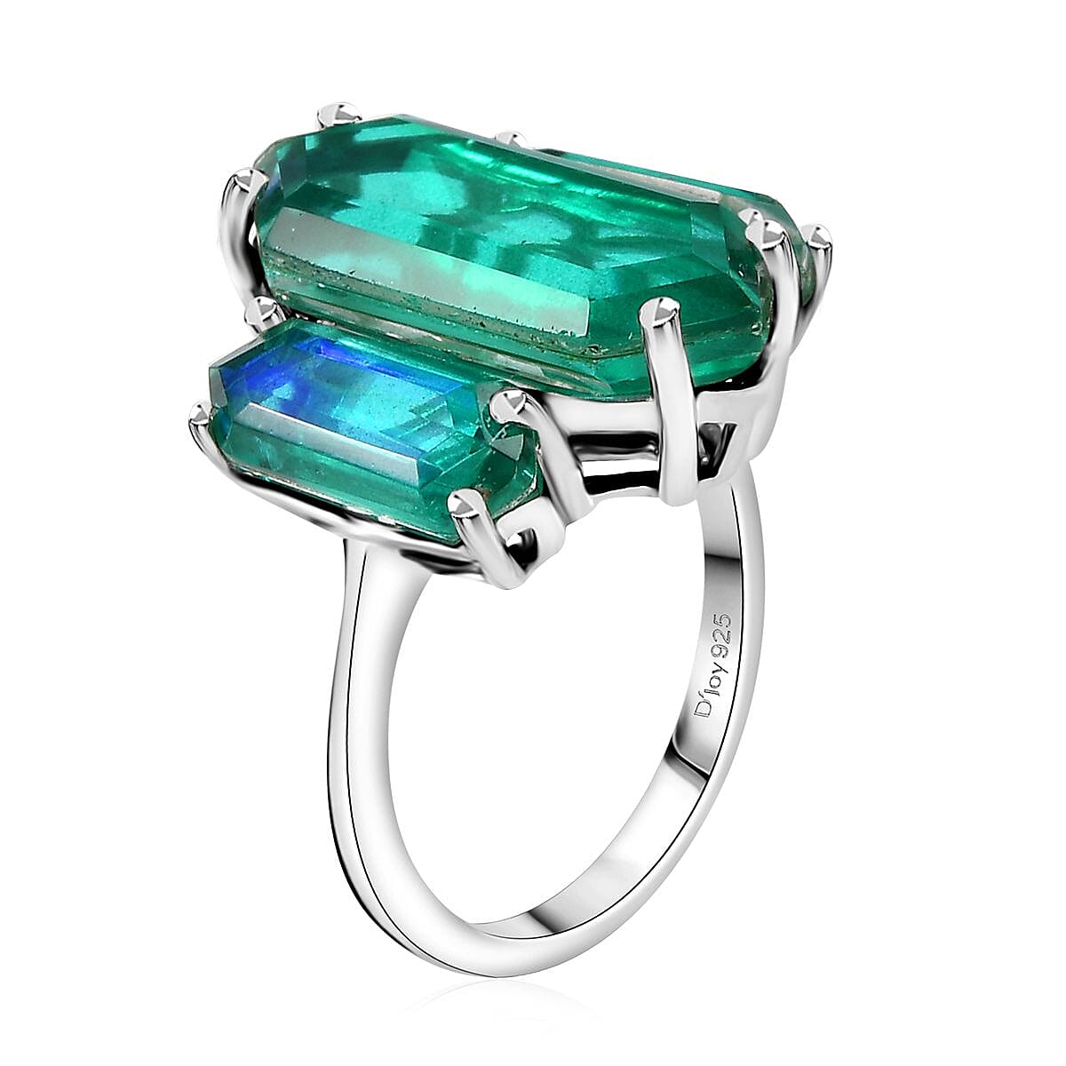 Buy Peacock Quartz 11.30 ctw 3 Stone Ring in Rhodium Over