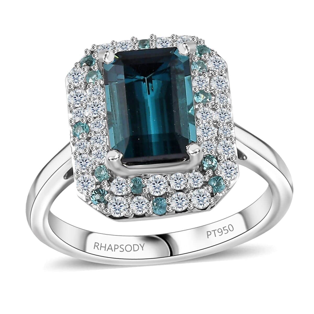 Certified & Appraised Rhapsody AAAA Monte Belo Indicolite, Paraiba Tourmaline and E-F VS Diamond 2.90 ctw Double Halo Ring in 950 Platinum (Size 6.0) 6.55 Grams image number 0