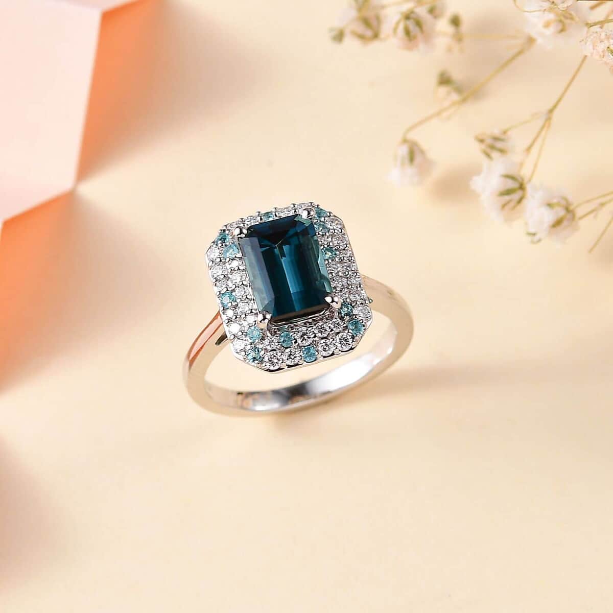 Certified & Appraised Rhapsody 950 Platinum AAAA Monte Belo Indicolite, Paraiba Tourmaline, Diamond (E-F, VS) (0.40 cts) Double Halo Ring (Size 6.0) (6.55 g) 2.90 ctw image number 1