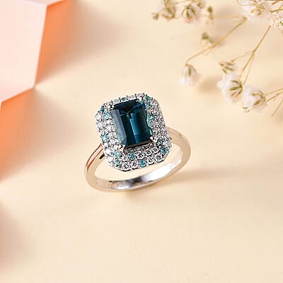 Certified & Appraised Rhapsody AAAA Monte Belo Indicolite, Paraiba Tourmaline and E-F VS Diamond 2.90 ctw Double Halo Ring in 950 Platinum (Size 6.0) 6.55 Grams