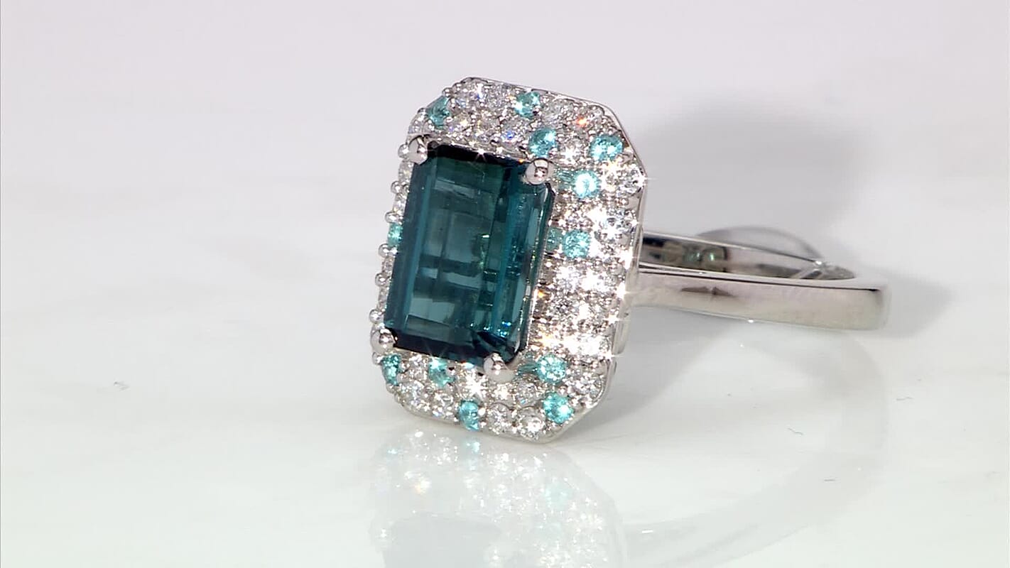 Certified & Appraised Rhapsody 950 Platinum AAAA Monte Belo Indicolite, Paraiba Tourmaline, Diamond (E-F, VS) (0.40 cts) Double Halo Ring (Size 6.0) (6.55 g) 2.90 ctw