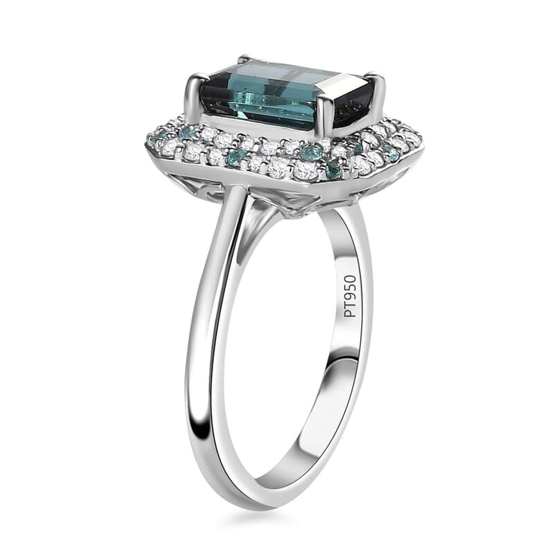 Certified & Appraised Rhapsody AAAA Monte Belo Indicolite, Paraiba Tourmaline and E-F VS Diamond 2.90 ctw Double Halo Ring in 950 Platinum (Size 6.0) 6.55 Grams