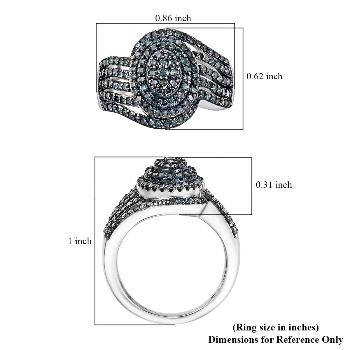 Blue Diamond 1.00 ctw Cluster Ring in Rhodium Over Sterling Silver (Size 10.0) image number 5