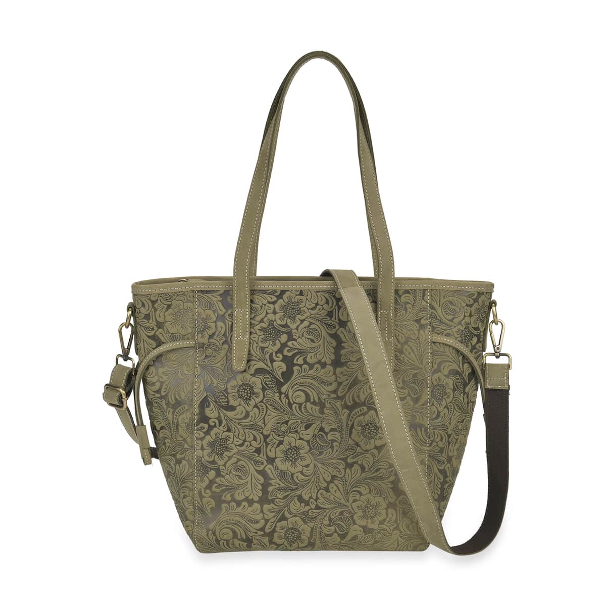 Italy Retro Noble Collection Green Genuine Leather Floral Embossed Crossbody Bag with Shoulder Strap image number 0