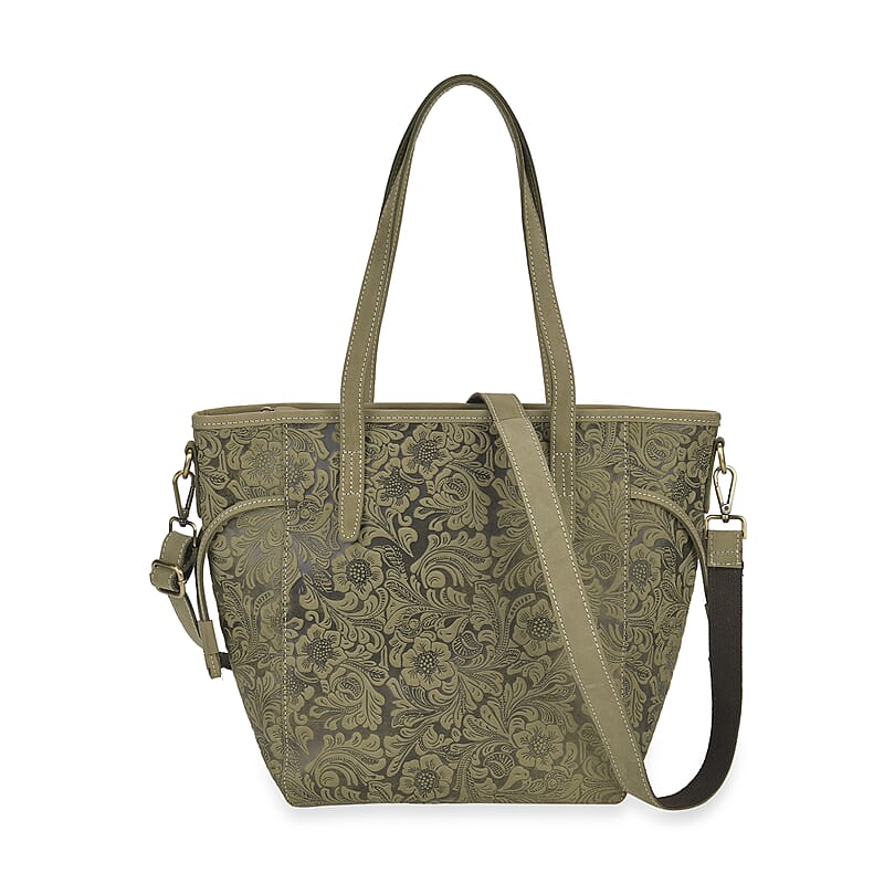Italy Retro Noble Collection Green Genuine Leather Floral Embossed Crossbody Bag with Shoulder Strap