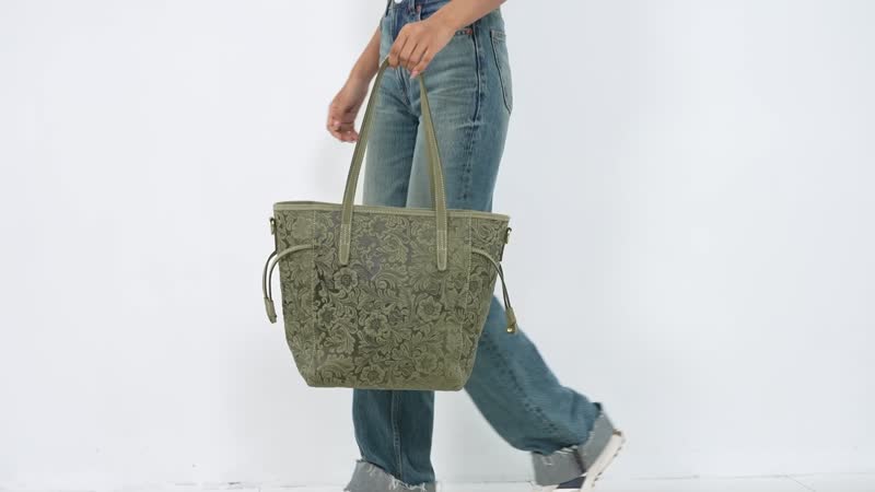 Italy Retro Noble Collection Green Genunie Leather Floral Embossed Crossbody Bag (16.9"x3.5"x11.8") with Shoulder Strap