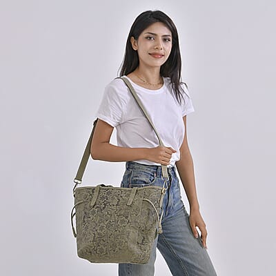 Italy Retro Noble Collection Green Genuine Leather Floral Embossed Crossbody Bag with Shoulder Strap