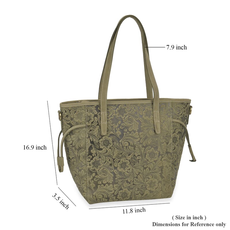 Italy Retro Noble Collection Green Genuine Leather Floral Embossed Crossbody Bag with Shoulder Strap