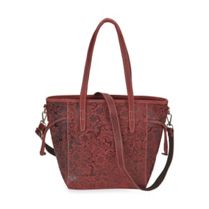 Italy Retro Noble Collection Burgundy Genuine Leather Floral Embossed Crossbody Bag with Shoulder Strap