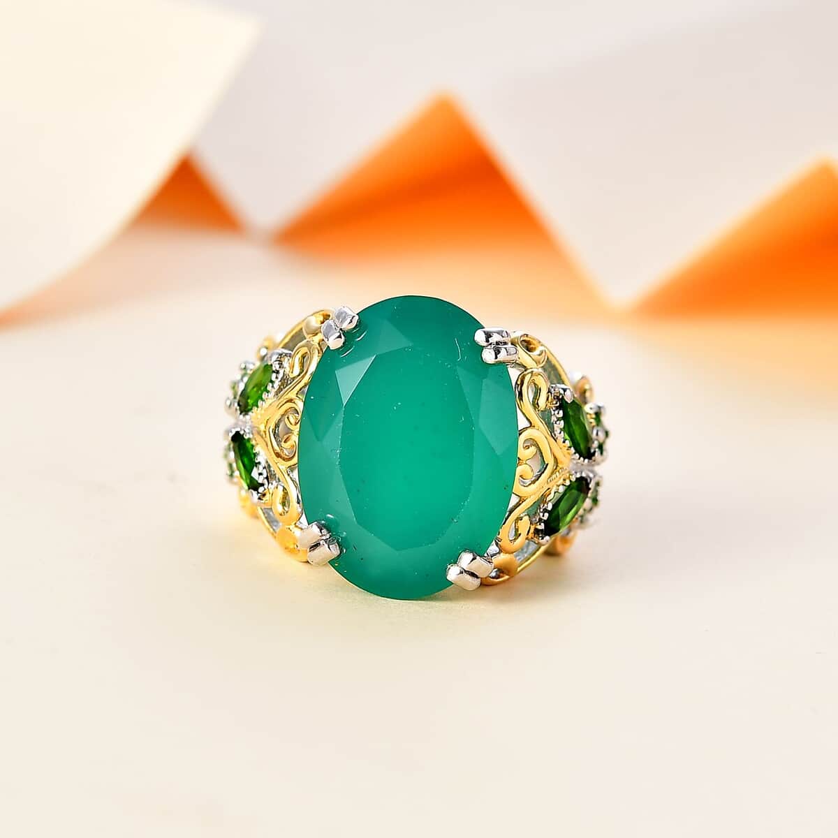 Verde Onyx, Chrome Diopside Ring in 18K Vermeil YG and Rhodium Over Sterling Silver (Size 10.0) 11.30 ctw image number 1