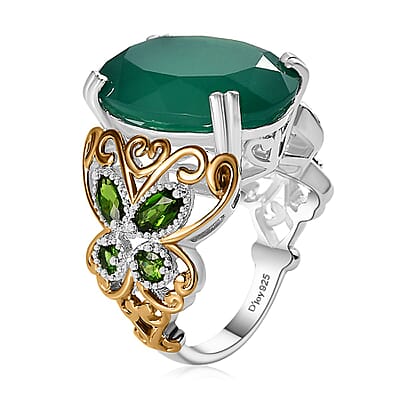 D'Joy Verde Onyx and Chrome Diopside 11.30 ctw Butterfly Ring in 18K Vermeil YG and Rhodium Over Sterling Silver (Size 10.0)