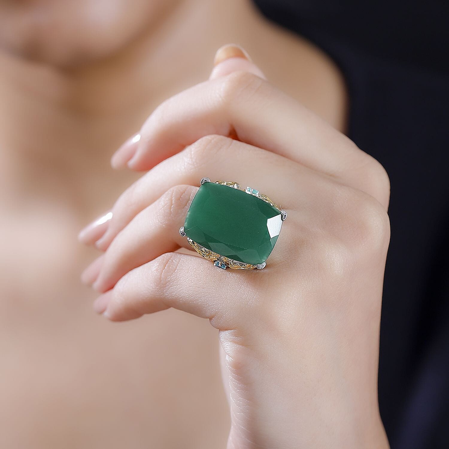 Verde Onyx and Malgache Neon Apatite 23.50 ctw Dragon Ring in 18K Vermeil YG and Rhodium Over Sterling Silver (Size 10.0)