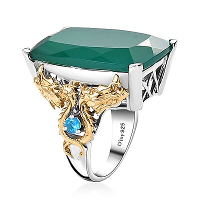 Verde Onyx and Malgache Neon Apatite 23.50 ctw Dragon Ring in 18K Vermeil YG and Rhodium Over Sterling Silver (Size 10.0)